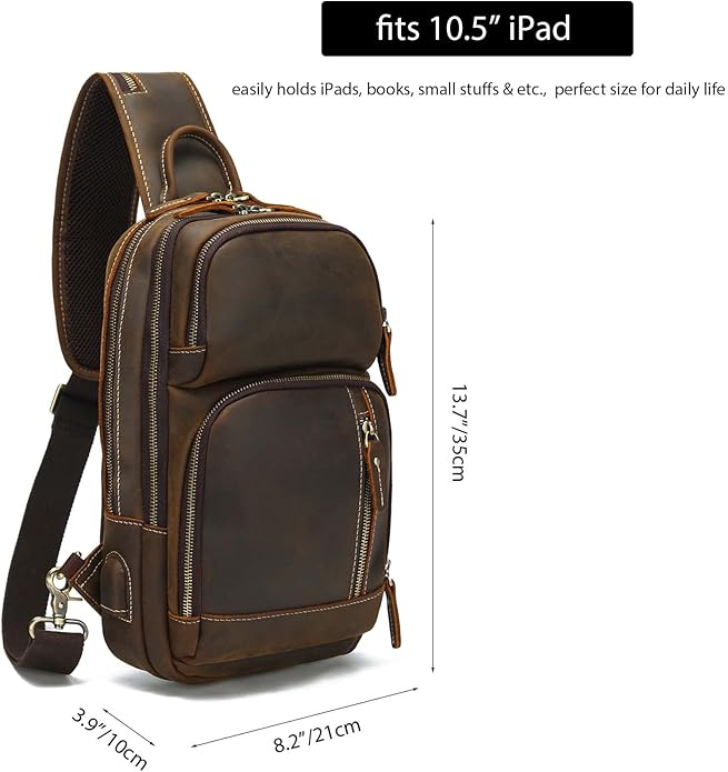 LANNSYNE Full Grain Leather Sling Bag For Men Crossbody Chest Daypack fits 10.5" iPad