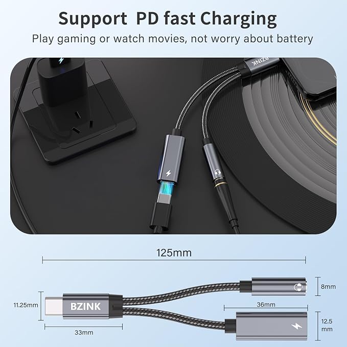 USB C to 3.5mm Female Headphone and Charger Adapter, 2-in-1 Type USBC to Aux Audio Jack Hi-Res DAC Adapter and Fast Charging Dongle Cable Compatible with iPhone 16/15 Pro Max,Galaxy S22 S21 S20 Pixel