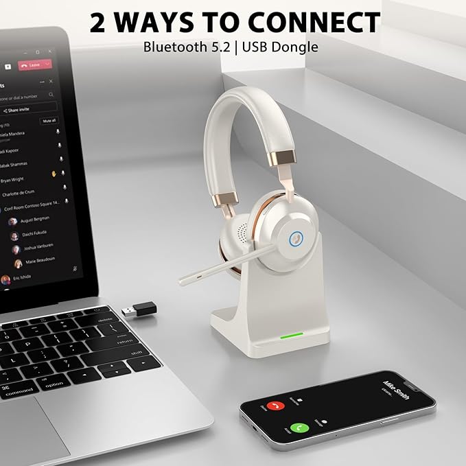 Wireless Headset with Mic for Work, Bluetooth Headset with Microphone Mute & Charging Dock, V5.2 Wireless Headphones with Mic Noise Canceling & USB Dongle, 45Hrs for Work/Meetings/Call Center/Office