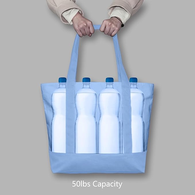 TOPDesign 1-Pack Canvas Tote Bag with an External Pocket, Reusable Grocery Shopping Bag, Top Zipper Closure, Daily Essentials (Light Blue)