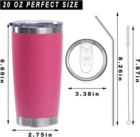 20oz insulted tumblers stainless steel cup Tumbler Bulk with push Lid, and metal straw powder coated coffee cup for cold and hot drinking (48, pink)