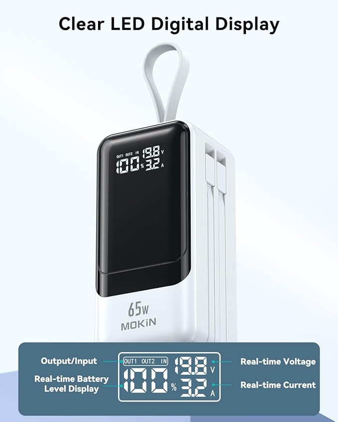 Portable Charger, 65W Power Bank Fast Charging, USB C Battery Pack with Built in Cable, 4 Outputs Powerbank, Travel Essentials Compatible with iPhone 17 16 15 14 13 iPad MacBook Pro Samsung Dell XPS