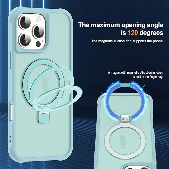 Compatible with iPhone 16 Pro Max Case with Invisible Magnetic O-Ring Stand Military-Grade Translucent Case for iPhone 16 ProMax 6.9" [Compatible with Mag-Safe][Great Grip Feeling], Blue