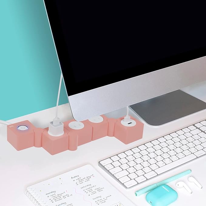 iJoy Flexible Power Strip - 3 AC Outlets and 2 USB Charging Ports with Pink Extension Cord, Power Strips with Surge Protection, Decorative Surge Protector Outlet Extender for Home, Office, and More