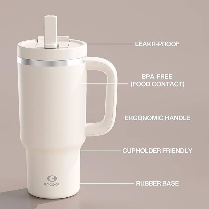 32 oz Tumbler with Handle and Straw: Stainless Steel Insulated Tumbler Keeps Cold for 24 Hours, Leakproof Travel Cup Fits in Cup Holder and BPA-Free, Cream Moon