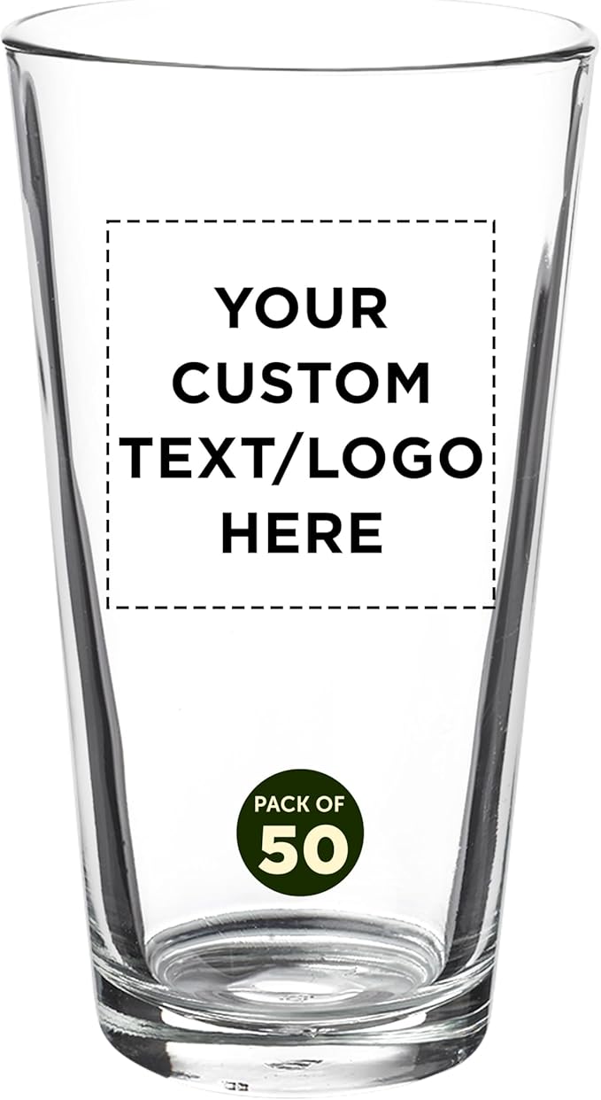 Custom Casale Pint Glass 16 oz. Set of 50, Personalized Bulk Pack - Beer Glasses, Heavy Duty Drinkware - Clear