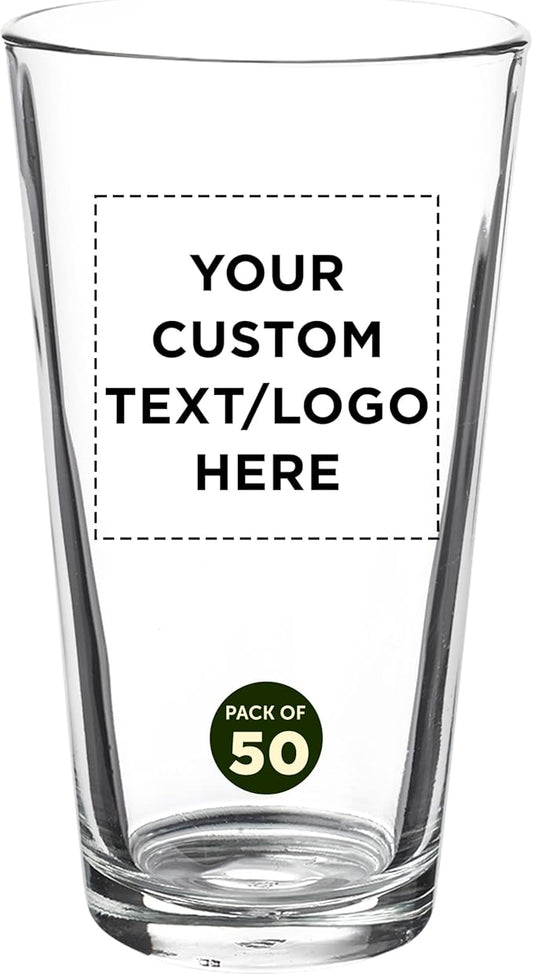 Custom Casale Pint Glass 16 oz. Set of 50, Personalized Bulk Pack - Beer Glasses, Heavy Duty Drinkware - Clear