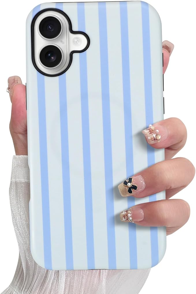 SOKAD Magnetic Vertical Stripes Phone Case for iPhone 16 Plus, Cute Light Blue Striped Line Pattern Compatible with Magsafe Matte Protective Case Cover with Screen Protector for Girls Women