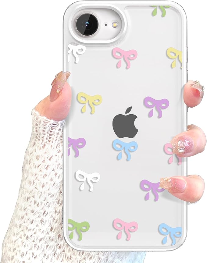 EYZUTAK Case for iPhone 16e, Clear Cute Ribbon Bowknot Pattern Aesthetic Transparent Phone Case Raised Camera Protection Stylish Slim Soft Durable TPU Protective Cover for Women Girls - Colorful