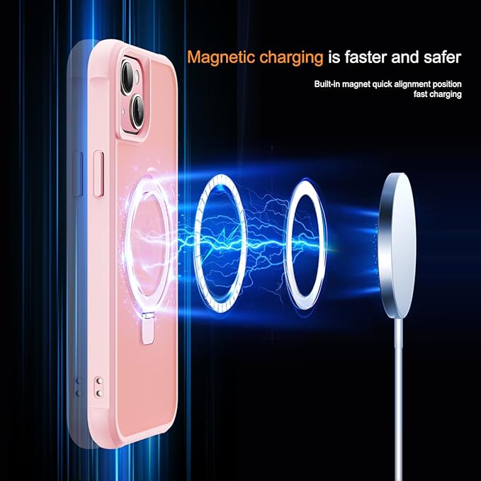 Compatible with iPhone 15 Plus Case with Invisible Magnetic O-Ring Stand Military-Grade Translucent Case for iPhone 15 Plus 6.7" [Compatible with Mag-Safe][Great Grip Feeling], Pink