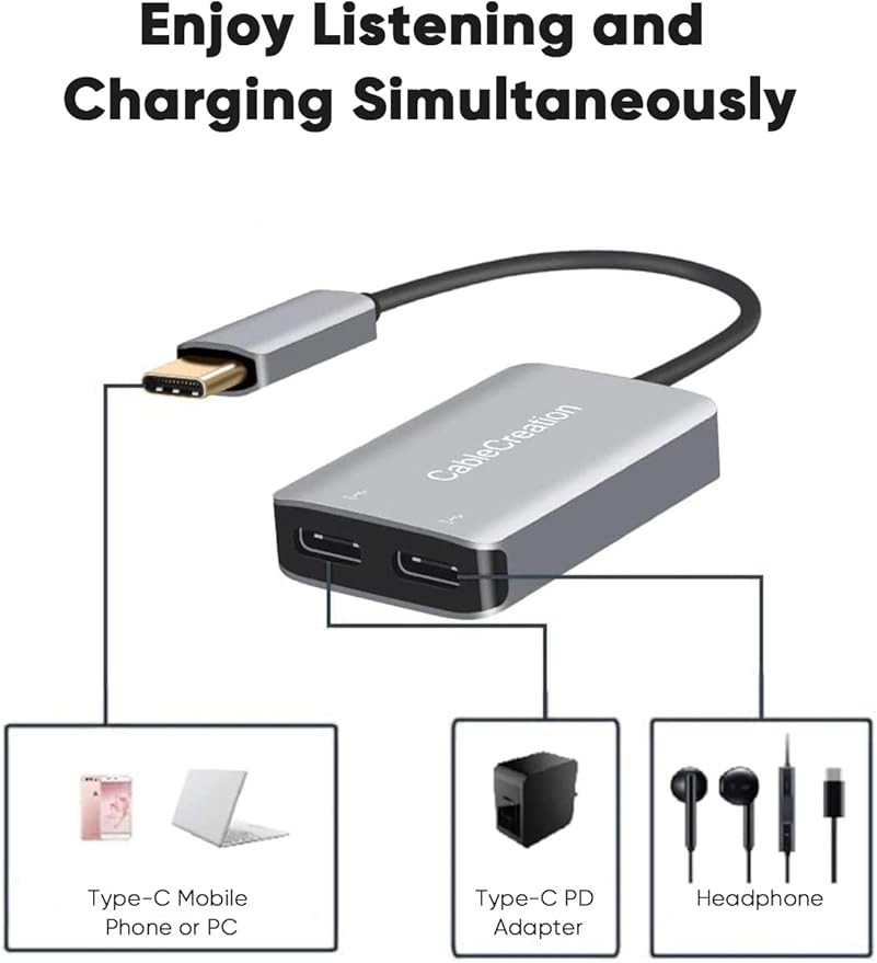 CableCreation USB Type C Splitter, 2-in-1 USB C Audio Adapter and PD Fast Charging, Type C Aux Dongle Compatible with iPad, MacBook, iPhone 16 15 Pro Max Plus, Galaxy S24/S23/S22+, Pixel 9/8/7+, Grey