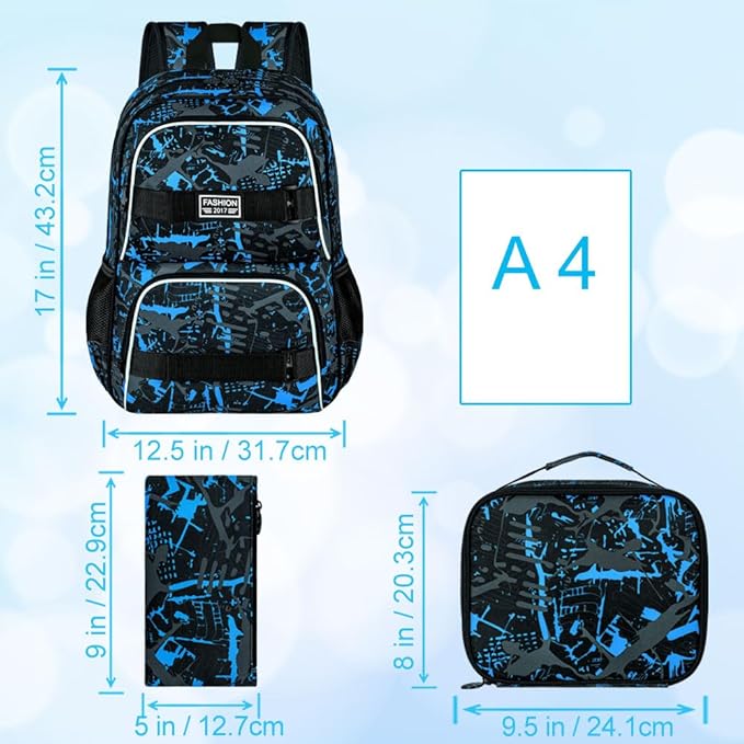 17 Inches Backpack for Boys Men, 3Pcs College Laptop Backpacks with Lunch Bag, Water Resistant Graffiti School Bookbag Set for Teens Students(Blue)