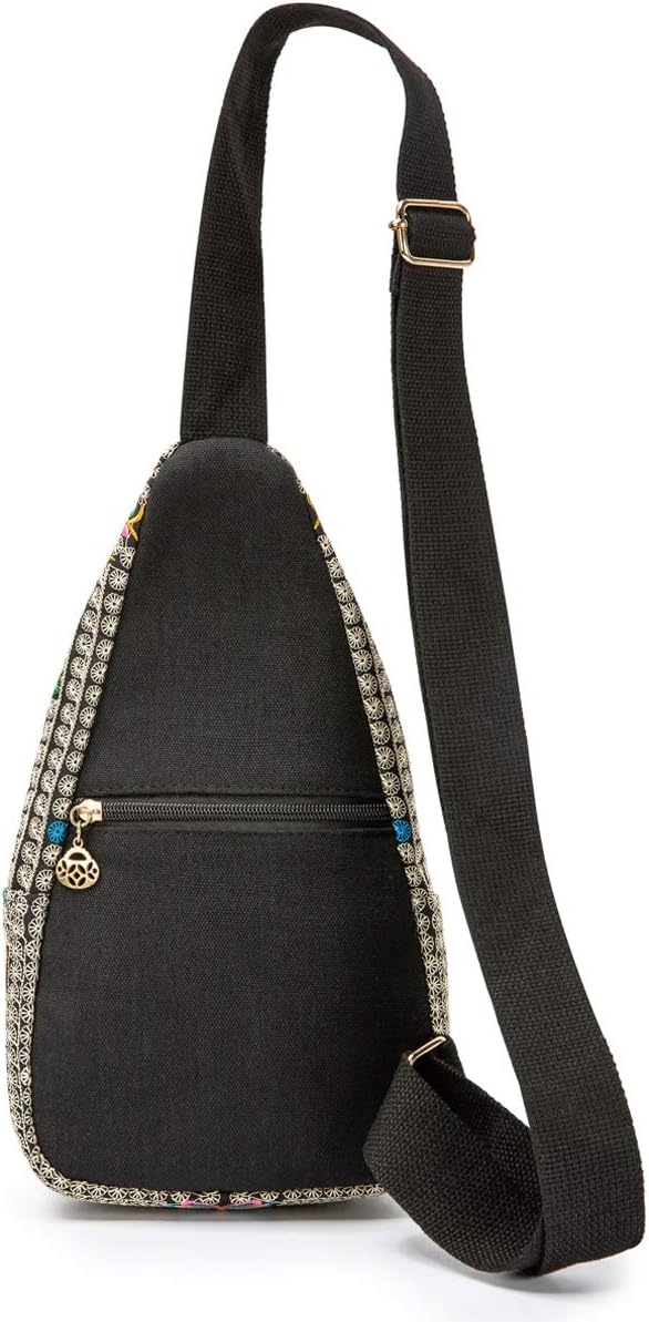 SILKAREA Embroidered Canvas Sling Backpack for Women Travel Chest Bag Crossbody Backpack Purse Shoulder Bag Medium