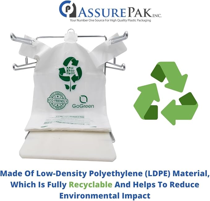 White Reusable/Eco-Friendly LDPE T-Shirt - 1/6 BBL 12"X7"X22" - 150 Bags - 57 Micron (2.25 mil) - White - WHLD40REC225REU12722 - AssurePak