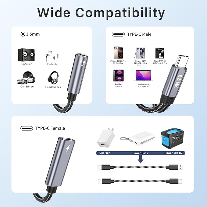 USB C to 3.5mm Female Headphone and Charger Adapter, 2-in-1 Type USBC to Aux Audio Jack Hi-Res DAC Adapter and Fast Charging Dongle Cable Compatible with iPhone 16/15 Pro Max,Galaxy S22 S21 S20 Pixel