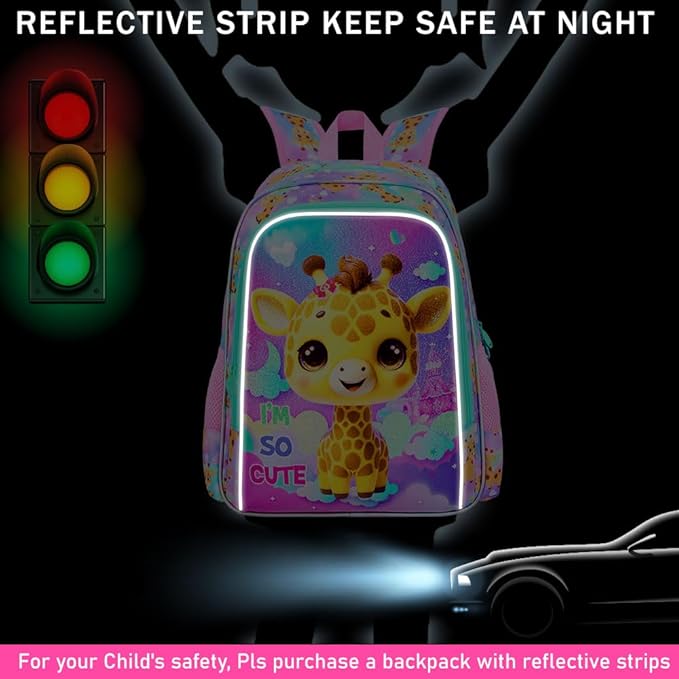 3Pcs Backpack for Girls, 16" Kids Bookbag with Lunch Box, Giraffe School Backpacks Set for Elementary Preschool Kindergarten(Pink)