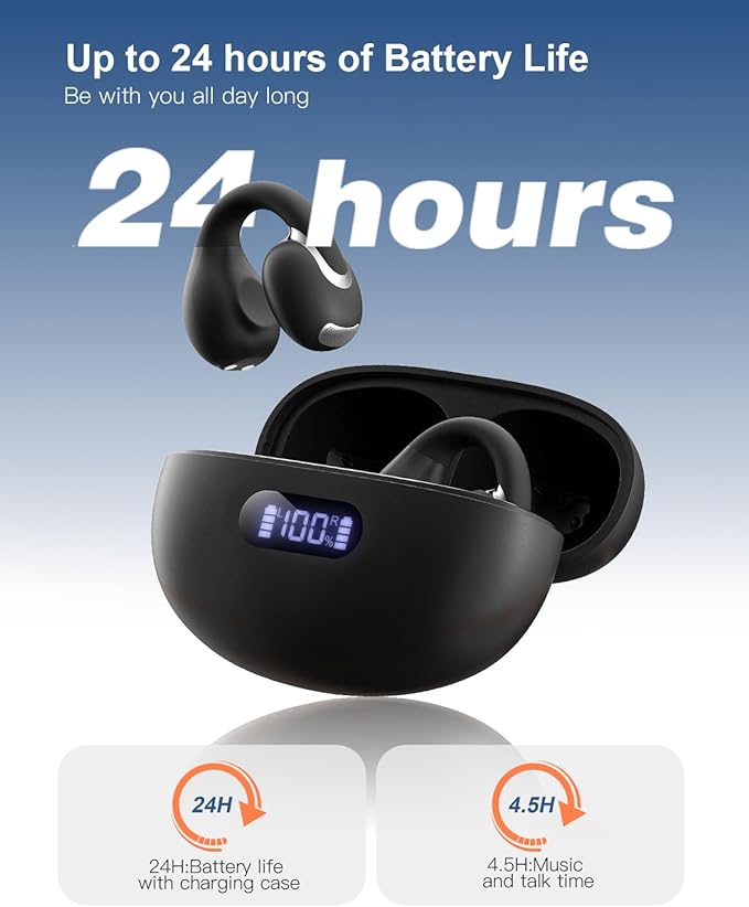 Open Ear Earbuds Bluetooth 5.4 True Wireless Clip On Earbuds Lightweight Comfort Bone Conduction Headphones Built-in Mic for Clear Audio Waterproof Stable Fit for Outdoor Sports Black