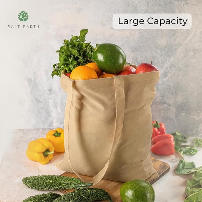Salt Earth Pack of 5 | 6 | 12 | 24 | 48 – 100% Cotton Reusable Tote Bags – Bulk Grocery, Shopping, DIY, Beach & Gift Use