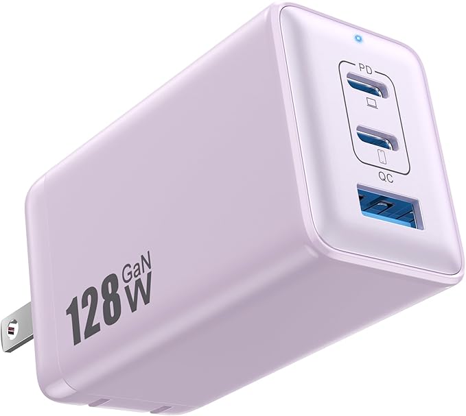 128W USB C Wall Charger,GaN III 3-Port Fast Charging Station,PD QC Foldable Charger Block Portable 65W Laptop Adapter for MacBook Pro/Air,iPad Pro,Galaxy S23,Dell XPS 13,iPhone 16/15/Pro etc