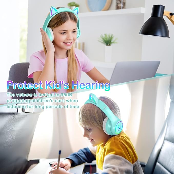 LOBKIN Bluetooth 5.4 Kids Headphones with Case - RGB LED Light Up Cat Ears Foldable Adjustable Over Ear Headphone Support Wireless or 3.5mm Wired Mode for Toddler & Girls & Boys Teens