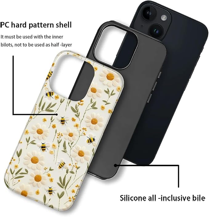 Case for iPhone 14 Plus Case,Bees Sunflowers Design - Hybrid Dual Protection Silicone + Hard PC Shockproof Full Body Cover Slim Anti-Scratch Protective Case for Men Women