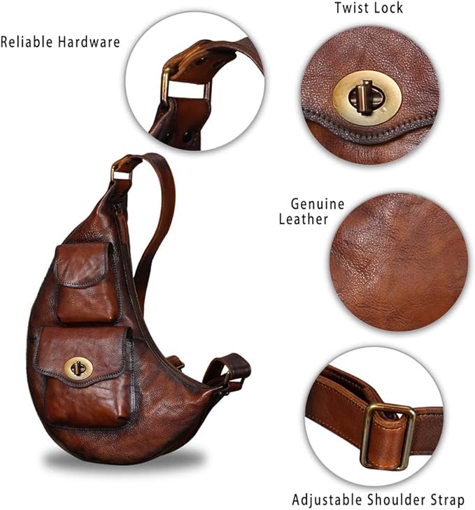 Genuine Leather Large Sling Bag for Men and Women Vintage Real Leather Sling Backpack Shoulder Crossbody Bag Chest Bag