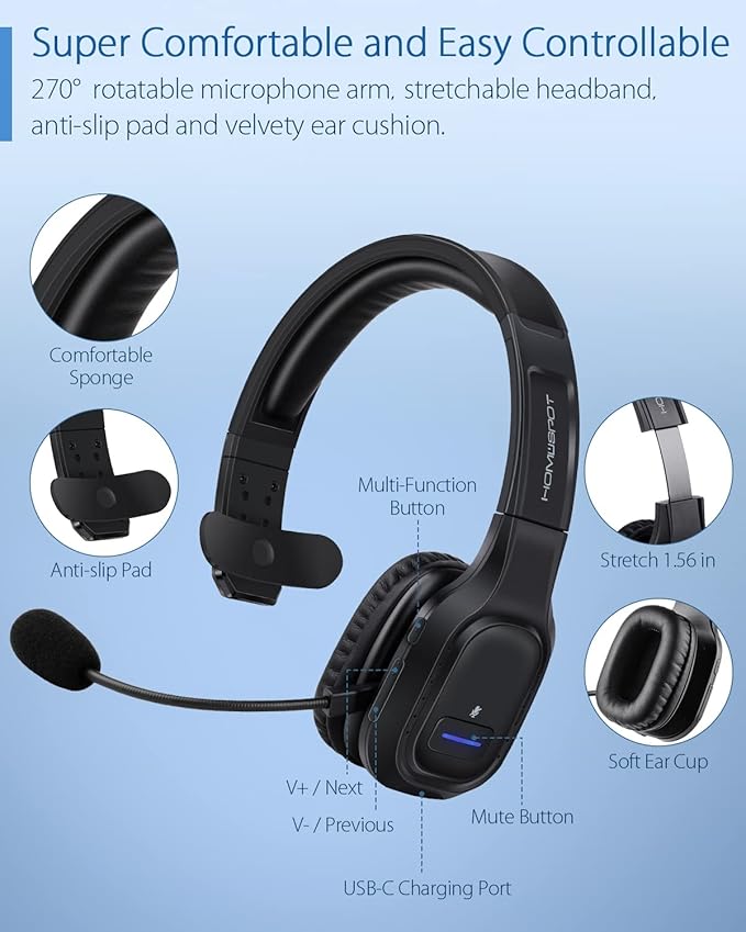 HomeSpot JM100 Trucker Bluetooth Headset with AI Noise Canceling, Wireless Headset with Rotatable Microphone and Big Mute Button, 34 Hrs Talk Time for Trucking, Home Office, Call Center