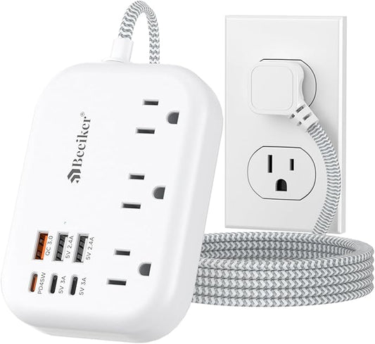 PD45W USB C Travel Power Strip, Cruise Power Strip with 6 USB(3 USB C) Ports and 3 Outlets, 5Ft Flat Plug Braided Extension Cord, 45W Fast Charging Station for MacBook Laptops iPad Pro iPhone Samsung