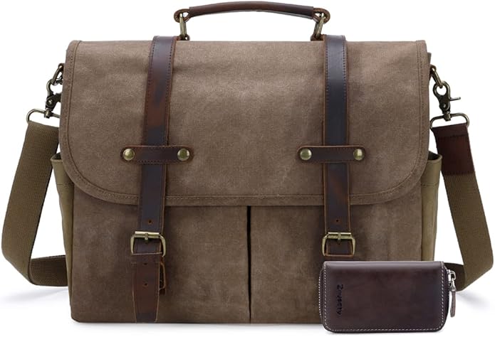 Messenger Bag for Men, Waterproof Genuine Leather Waxed Canvas Briefcase 15.6 Inch Laptop Larger Shoulder Bag with Key Bag