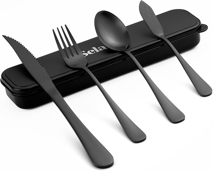 Travel Cutlery Set with Case Portable Silverware Utensils Set,5-pieces Stainless Steel Reusable Flatware Set Cutlery Set for Camping Picnic Hiking Office, Dishwasher Safe (matte black, 5.8)