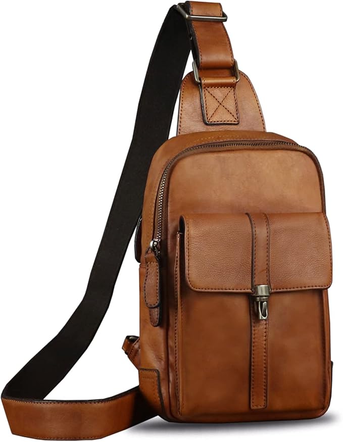 Genuine Leather Sling Bag Casual Shoulder Hiking Backpack Vintage Handmade Crossbody Bag Retro Chest Daypack (Brown)