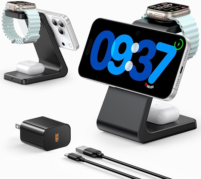 3 in 1 Wireless Charging Station for Apple Mag Safe Charger, 15W Fast Mag-Safe Charger Stand Compatible with iPhone 17 16 15 14 13 12, Apple Watch Charger & Airpods, Gifts for Wife & Husband, Black