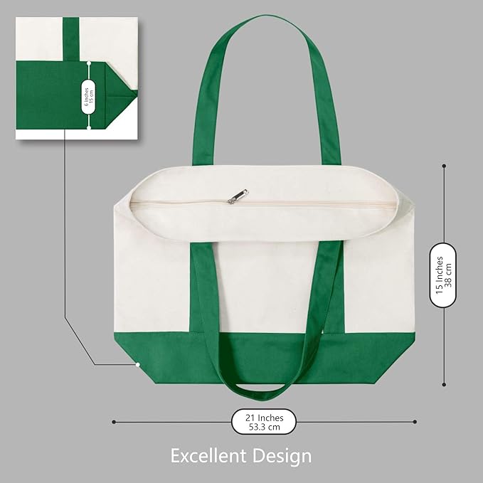 TOPDesign 1-Pack Canvas Tote Bag with an External Pocket, Reusable Grocery Shopping Bag, Top Zipper Closure, Daily Essentials (Green/Natural)