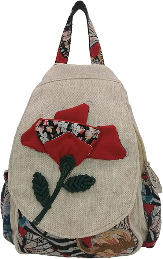 HUANGGUOSHU Women Cotton Woven Bohemian Hemp Boho Canvas Embroidery Multi Pocket Retro Cute Backpack Wallet Backpack（Yutu Moon）