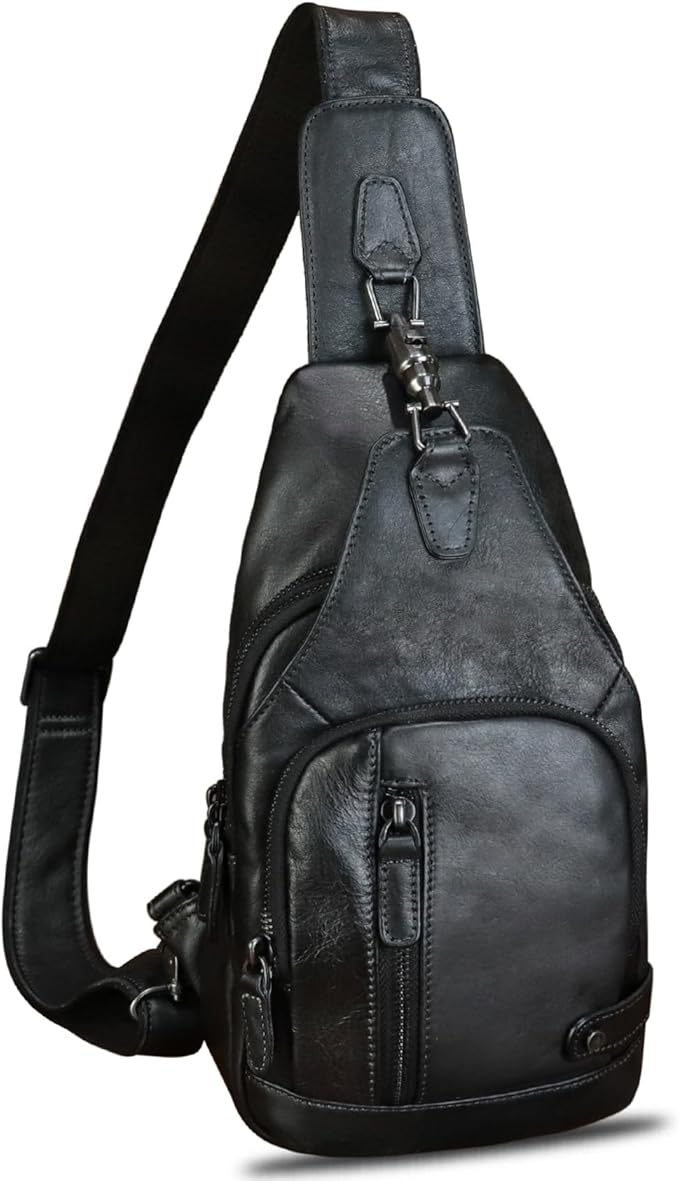 IVTG Genuine Leather Sling Bag Vintage Crossbody Shoulder Bag Handmade Casual Backpack Fanny Purse Chest Bag (Black)
