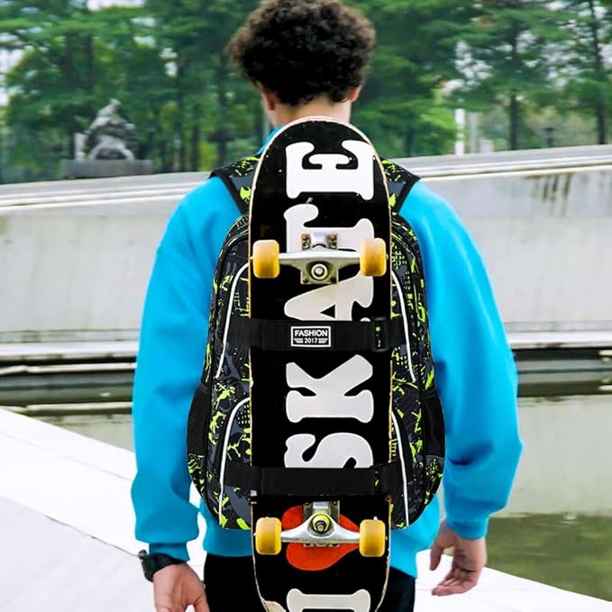 17 Inches Backpack for Boys Men, 3Pcs College Laptop Backpacks Set for Teens Students, Water Resistant Graffiti School Bookbag with Lunch Bag(Green)