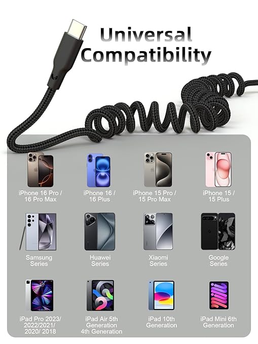 Car Carplay Cable 3ft Coiled USB A to USB C Fast Charge Cord for iPhone 16/15/Plus/Pro Max/MacBook Pro, Auto Coiled Retractable iPhone Car Cord