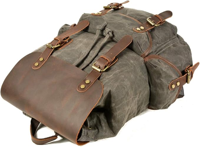 WUDON Leather Backpack for Men, Waxed Canvas Shoulder Rucksack Carry-On Travel Backpack