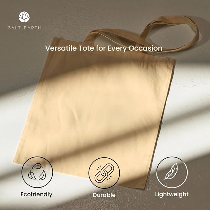 Salt Earth Pack of 5 | 6 | 12 | 24 | 48 – 100% Cotton Reusable Tote Bags – Bulk Grocery, Shopping, DIY, Beach & Gift Use