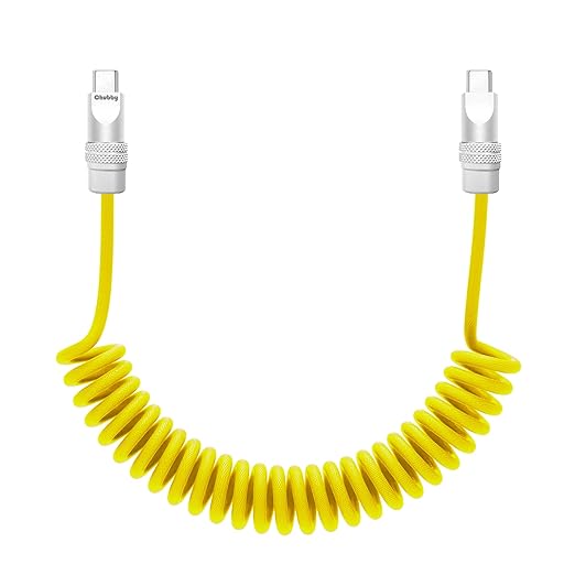chubbycable Curly Chubby Retractable Fast Charging Cable 240W Coiled Charger Cord for Car Durable USB C Cable Compatible with iPhone 16/15 Series, Yellow, Type-C to Type-C, 1.3FT-2.3FT