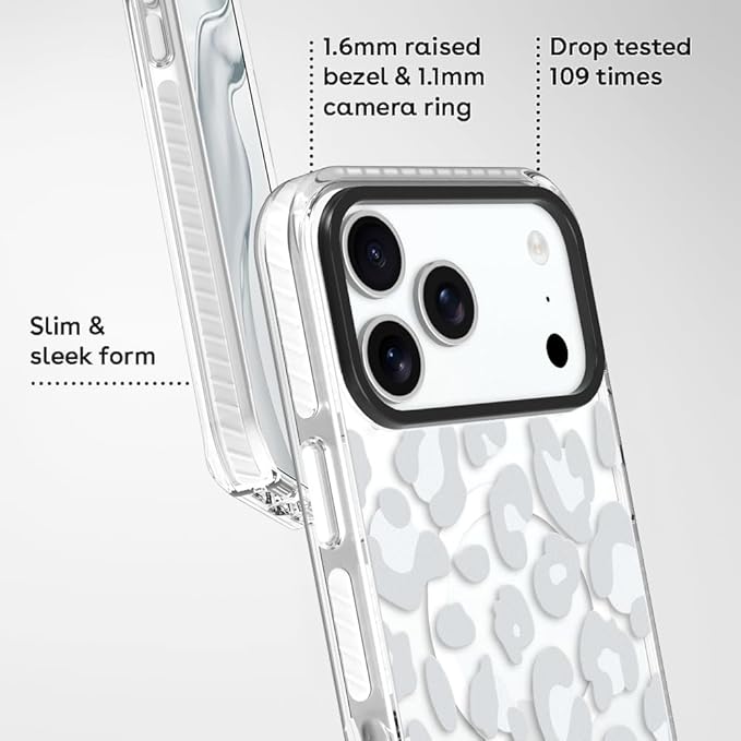 SAKUULO Magnetic for iPhone 17 Pro Case with Screen Protector [Compatible with MagSafe] Light Gray Leopard Print Pattern Wireless Charge Strengthen Protection Cover Light Gray Leopard (6.3")