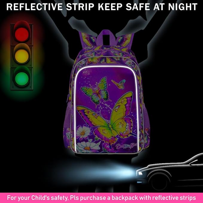 3Pcs Butterfly Backpack for Girls, 16" Kids Bookbag with Lunch Box，School Backpacks for Elementary Preschool Kindergarten (Purple)