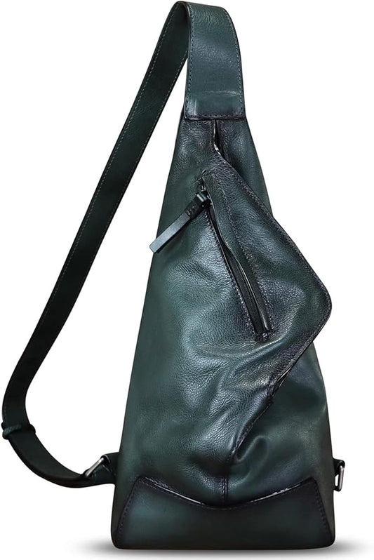 Genuine Leather Sling Bag for Men and Women Vintage Full Grain Leather Sling Purse Chest Daypack Over Shoulder Crossbody Bag (Gray)