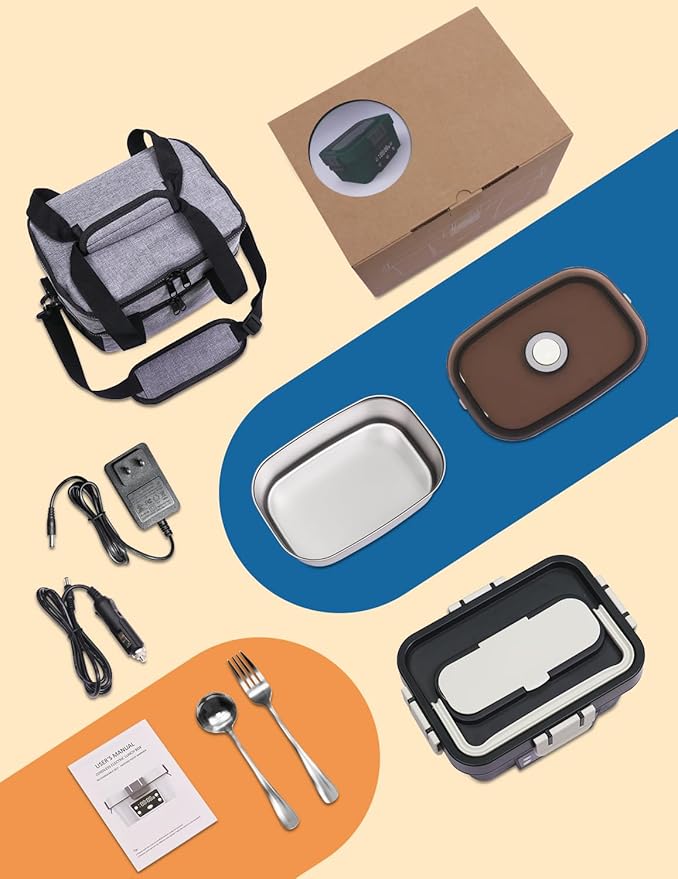 Heated Lunch Box Battery Powered with Automatic Heating, 16,000mAh Cordless Heatable Lunchbox for Adults, 1.6L Portable Food Warmer with Insulated Carry Bag Green