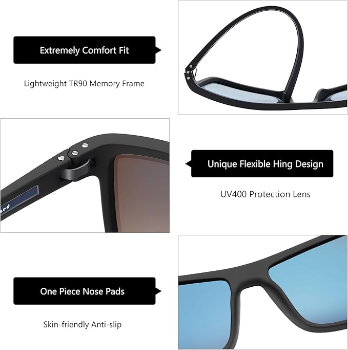 ZENOTTIC Polarized Sunglasses for Men Lightweight TR90 Frame UV400 Protection Square Sun Glasses