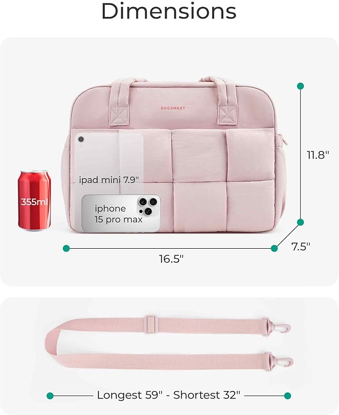 BAGSMART Gym Bag for Women, 24L Puffer Travel Duffle Bag for Travel with Laptop Compartment, Weekender Bags for Women, Carry On Duffel Bag Personal Item Bag, Baby Pink