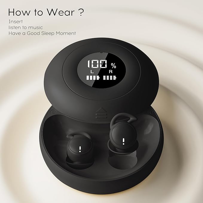 sunvito Sleep Earbuds for Side Sleepers, Mini Invisible Wireless Bluetooth 5.4 Micro Sleep Headphones, Hidden Earbuds with LED Screen for Small Ears Sleeping, Exercise, Working, Hiking (Black)