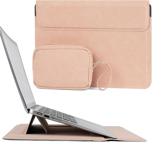 Allinside 13-14 Inch Laptop Sleeve Case for MacBook Pro 14" 2021-2024/MacBook Air 13" 2010-2017/MacBook Pro 13" 2010-2015, Waterproof PU Leather Sleeve Cover with Stand & Accessory Pouch, Pale Pink