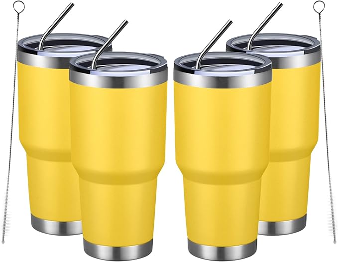 MEWAY 30oz Insulated Tumbler With Lids and Straws,Stainless Steel Double Vacuum Coffee Tumbler Cup, Brush, Durable Powder Coated Coffee Cup for Cold & Hot Drinks, Office, Travel(Yellow,4 PACK)