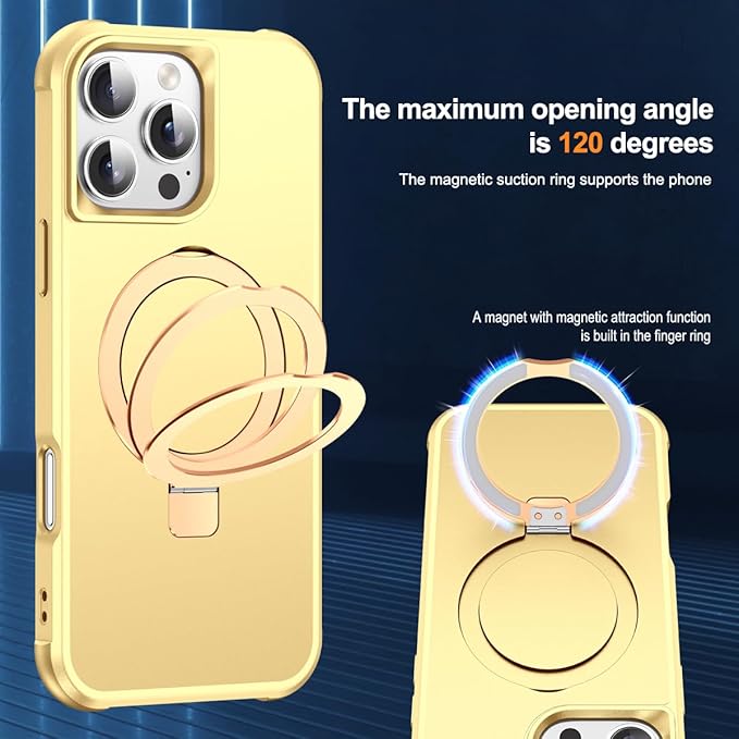 Compatible with iPhone 16 Pro Case with Invisible Magnetic O-Ring Stand Military-Grade Case for iPhone 16 Pro 6.3" [Compatible with Mag-Safe][Great Grip Feeling], Gold